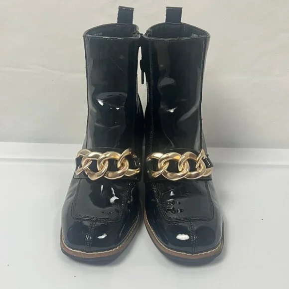 Steve Madden Girls Loreen Patent Leather Gold Chain Black Boots 3 - Picture 5 of 7